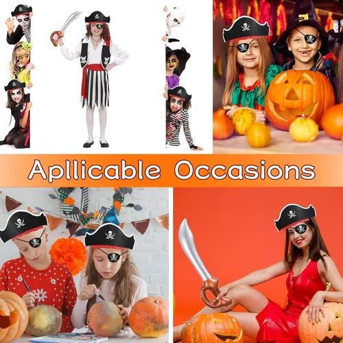 Vista 7 de Legigo Juego de 18 piezas divertidas de fiesta pirata, incluye 6 sombreros de pirata, 6 parches para ojos, 6 espadas inflables para fiesta pirata