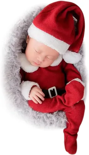 Vista 7 de ForBaysy Accesorios de Fotos de Navidad para Bebé Recién Nacido Traje de Sesión de Fotos para Niños y Niñas Disfraz Mono Rojo con Gorro de Navidad