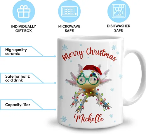 Vista 3 de Hyturtle Regalos personalizados para amantes de los ajolotes – Taza de café de cerámica con nombre personalizado de Feliz Navidad de 11 oz – Lindo