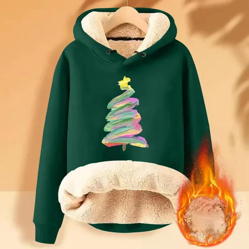 Vista 3 de Lindas sudaderas con capucha para mujer, con forro de sherpa, con estampado de árbol de Navidad, forro polar cálido para invierno
