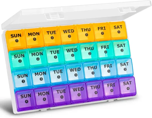 Vista 8 de Organizador de pastillas mensual XL grande, 4 semanas, organizador de pastillas de 28 días semanal, compartimento grande con estuche de viaje