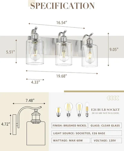 Vista 2 de Lámpara de tocador de baño de 3 luces, aplique de pared de níquel cepillado, lámpara de baño moderna con vidrio transparente, VL01BN-3 Níquel