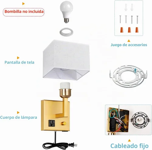 Vista 4 de Aplique de pared enchufable, lámpara de pared de cabecera con enchufe y interruptor regulable, con puerto de carga USB y toma de corriente, adecuado