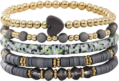 Vista 6 de Caiyao Juego de pulseras apilables de arcilla con corazón multicapa de Bohemia, pulseras elásticas con cuentas doradas de arcilla Heishi para Verde
