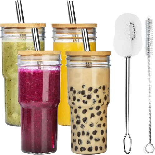 Vista 10 de ALINK Paquete de 2 vasos de vidrio con tapas y pajitas de bambú, vaso de vidrio Mason de 22 onzas, tazas Boba reutilizables, vasos de café helado