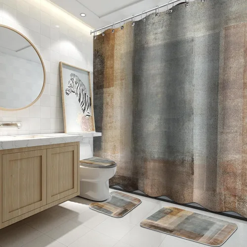 Vista 19 de Lnond 4 Piezas Juegos de Cortinas de Ducha de Baño Moradas con Alfombras, Arte de Pintura Púrpura y Gris Juegos de Baño con Cortina de Ducha