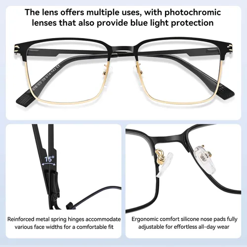 Vista 5 de Dollger Gafas de luz azul para hombre, rectángulo de metal, con bloqueo de luz azul, lentes fotocromáticos de moda para computadora
