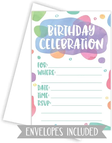Vista 3 de Puntos de acuarela – Invitaciones de fiesta de cumpleaños – Estilo de relleno (20 unidades) con sobres