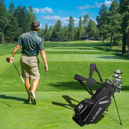 Vista 6 de Bolsa de golf con soporte de 14 divisiones, bolsa de golf ligera con soporte para hombres y mujeres Negro