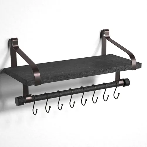 Vista 9 de Love-KANKEI Estantería flotante de pared de madera rústica para almacenamiento, estante de especias de cocina con barra para toallas y 8 ganchos