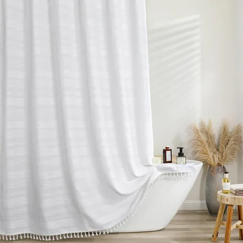 Vista 25 de OVZME Cortina de ducha bohemia negra, cortina de ducha estrecha de tela suave a rayas de lino texturizado con borla, moderna decoración de baño