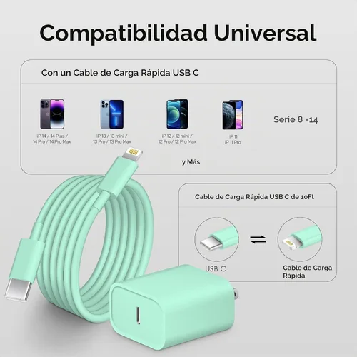 Vista 7 de Cargador Tipo C de 10 pies, Paquete de 2, Bloque Cargador USB C de 20W con Cable de Carga Rápida para iPhone 14/14 Pro/13/13Pro Max/12/12 Pro