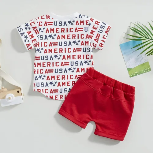 Vista 2 de Ynibbim Conjunto de ropa de verano para niños pequeños del 4 de julio, camiseta con estampado de letras y pantalones cortos de algodón