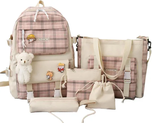 Vista 2 de Juego de 5 mochilas estéticas a cuadros con bonitos alfileres y colgante, bolsa japonesa kawaii, accesorios para portátiles de 15.6 pulgadas, Negro