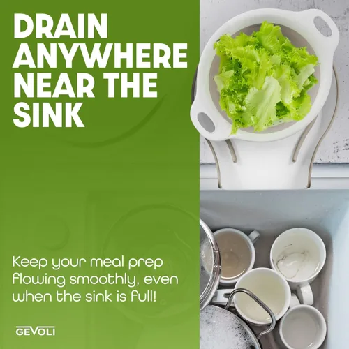 Vista 3 de Gevoli Colador plegable grande 2 en 1 con base autodrenante, colador de alimentos de drenaje lateral de plástico para borde del fregadero de cocina