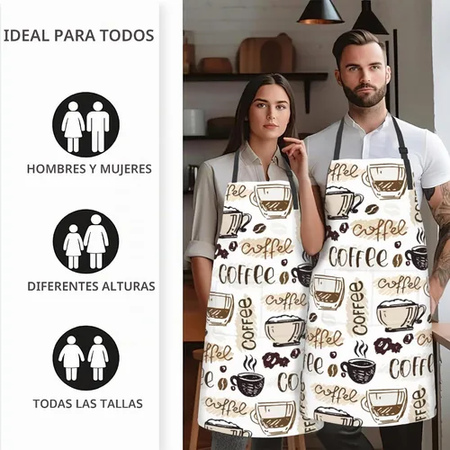 Vista 5 de Delantal, delantal con cuello ajustable para mujer, adecuado para el hogar, cocina, delantal de cocina Café Doodle