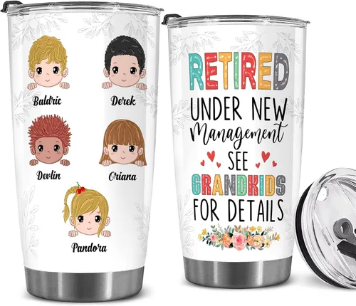 Vista 12 de WHIDOBE Vaso de jubilado personalizado (1 niño) personalizado jubilado bajo nueva administración, mira a los nietos para obtener detalles, vaso