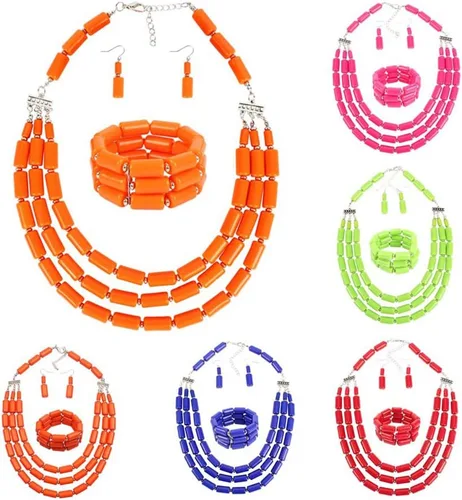 Vista 7 de Juego de collar de cuentas multicapa de estilo bohemio + aretes + pulsera para mujeres y niñas