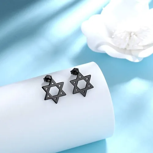 Vista 3 de Pendientes para mujer, diseño de estrella de Davidtriángulo geométricohexágono geométricotriskele celta en plata de ley, tono negro, pendientes