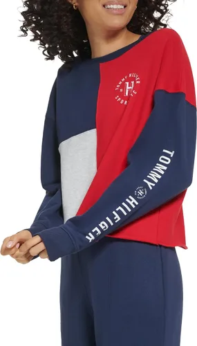 Vista 5 de Tommy Hilfiger Sudadera estampada con cuello redondo y manga para mujer, ligeramente recortada, con estampado de bloques