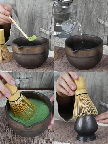 Vista 4 de Artcome Juego de té Matcha de lujo – Kit japonés de 4 piezas con tazón rústico de cerámica esmaltada en negro y asa, batidor de bambú, soporte
