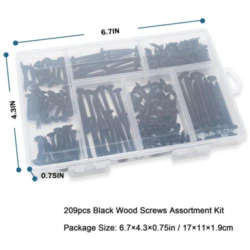 Vista 7 de JEGONFRI Kit de surtido de tornillos de madera negros de alta dureza, 209 piezas, Phillips Drive de cabeza plana, tornillos para madera, tornillos