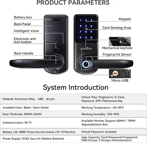 Vista 9 de Cerradura inteligente de huellas dactilares con manija de palanca, pantalla táctil con teclado, perilla de puerta delantera sin llave, control