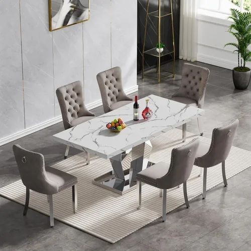Vista 39 de Juego de mesa de comedor de mármol sintético, 7 piezas, juego de mesa de cocina y comedor para 6, mesa de comedor rectangular blanca de 70 pulgadas