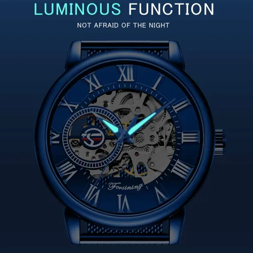 Vista 3 de Dentily Reloj de esqueleto para hombre clásico con número romano Steampunk Reloj mecánico Relojes de viento para hombre (azul)