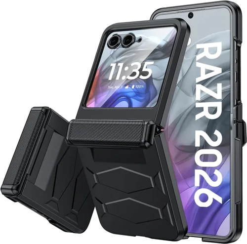 Vista 25 de Vizvera para Motorola Razr 2024 - Funda con tapa con bisagra, protector de pantalla incorporado, a prueba de golpes, funda todo en uno para Negro