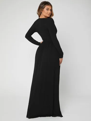 Vista 2 de Vestidos de verano para mujer, con cuello pronunciado, abertura alta, color negro, maxi vestido para fiesta casual y trabajo