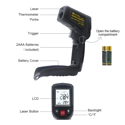 Vista 8 de KETOTEK Termómetro infrarrojo sin contacto IR pistola de temperatura láser digital -50℃～600℃ (-58℉～1112℉) Termómetro de emisividad ajustable