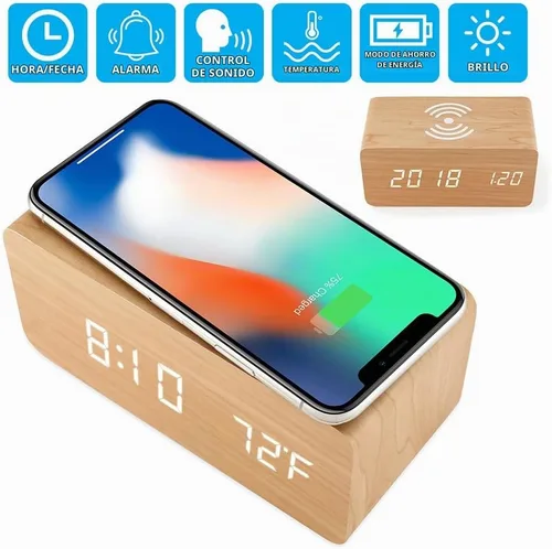 Vista 2 de OCT17 Reloj despertador con almohadilla de carga inalámbrica Qi, compatible con iPhone, Samsung, reloj digital LED de madera, función de control