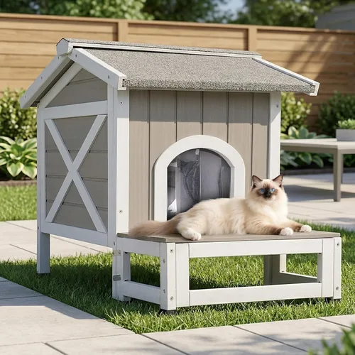 Vista 2 de PetsCosset Casa para Gatos de Exterior con Forro Aislante para Invierno, Refugio Aislado para Gatos Ferales Resistente a la Intemperie