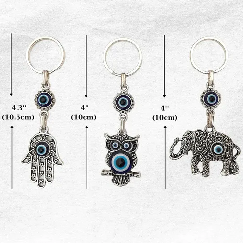 Vista 2 de Juego de 3 llaveros de ojo turco azul malvado, regalo para mujeres u hombres, Azul, Plateado, Pequeño, Llavero contra el mal de ojo