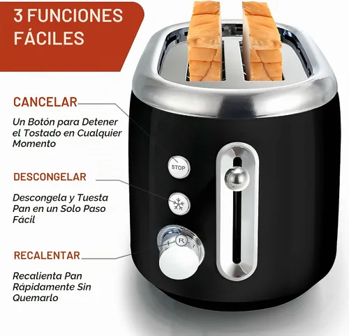 Vista 2 de MUELLER HOME Tostadora retro de 2 rebanadas, 7 niveles de tostado 3 Functions (Reheat, Defrost, Cancel), Stainless Steel Features, Removable Crumb