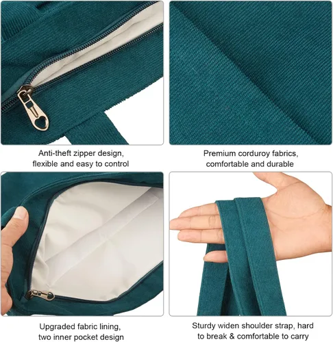 Vista 3 de Kememo Bolsa de pana con cremallera, bolso de hombro para mujer, bolso de compras de gran capacidad con bolsillo