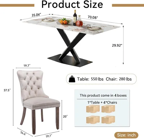 Vista 3 de Juego de 5 mesas de comedor, juego de mesa de cocina y comedor para 4, mesa de cocina rectangular de mármol sintético blanco de 47 pulgadas con base