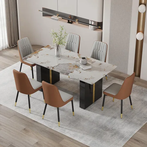 Vista 11 de Mesa de comedor moderna para mesa de comedor de mármol sintético blanco de 6, 8, 71 pulgadas, con patas negras y doradas, mesa de cocina rectangular