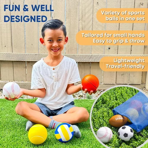 Vista 2 de Juego de 6 mini bolas deportivas de espuma para niños, juguetes de pelota para niños pequeños, fútbol de espuma, fútbol para bebés, mini baloncesto