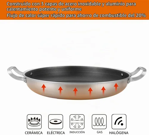 Vista 6 de Yeksum - Sartén de acero inoxidable de tres capas para paella, sartén grande con tapa (acero inoxidable híbrido, 12 pulgadas)