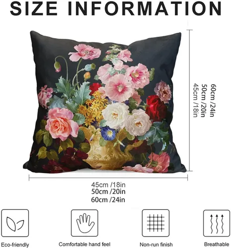 Vista 2 de Funda de cojín floral ligera de lujo, 18 x 18 pulgadas, pintura al óleo retro victoriana de doble cara, fondo negro, flor vibrante, funda de cojín