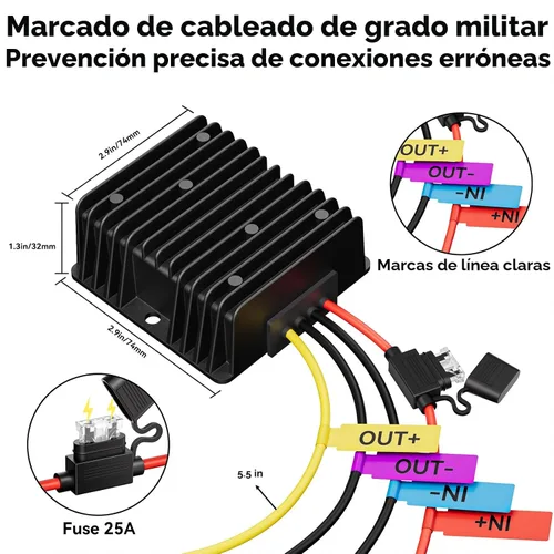 Vista 4 de Convertidor reductor de voltaje de carrito de golf de 36 V, 48 V a 12 V 20 A, reductor de voltaje con fusible, convertidor de 36 V, 48 V a 12 V