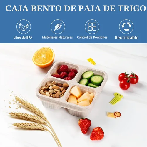 Vista 4 de Paquete de 4 Cajas Bento, 4 Compartimentos Contenedores de Snacks para Almuerzo con Tapas para Preparación de Comidas, Escuela, Viaje, Contenedores