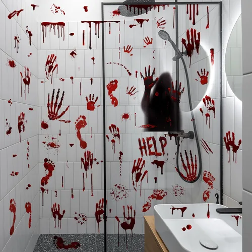 Vista 2 de Calcomanías de pared de huellas de manos sangrientas de Halloween, calcomanías de pared para decoración de fiesta de Halloween, decoración
