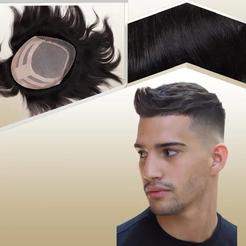 Vista 16 de Sistema de reemplazo de cabello humano para hombre, tupé para hombre, piel fina con parte superior de encaje mono y la parte trasera de poliuretano