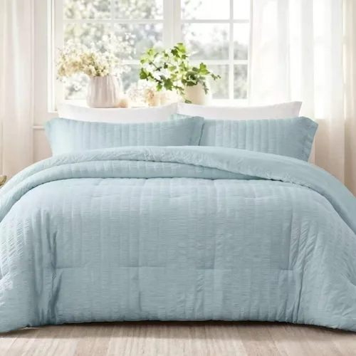 Vista 11 de Quataly - Juego de edredón Seersucker tamaño Twin/Twin XL en color blanco; juego de cama de 2 piezas que incluye 1 edredón suave y esponjoso y 1