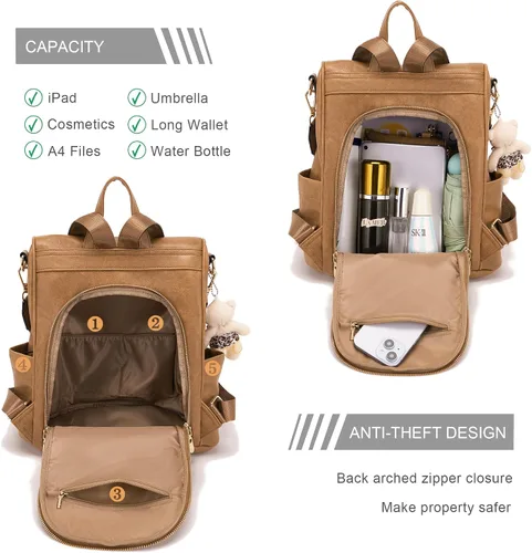 Vista 2 de Soperwillton Mochila de moda para mujer, bolso de hombro de cuero antirrobo, bolsa de viaje, múltiples bolsillos, cartera, juego de 3 piezas