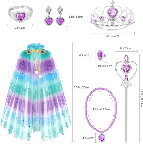 Vista 5 de Fedio Princess Cape Set 7 Pieces Girls Princess Cloak with Tiara Crown, Wand for Little Girls Dress up