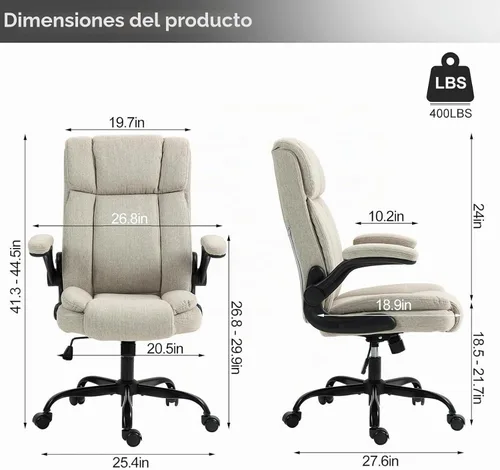 Vista 2 de Silla ejecutiva ergonómica con respaldo alto de tela, brazos Beige